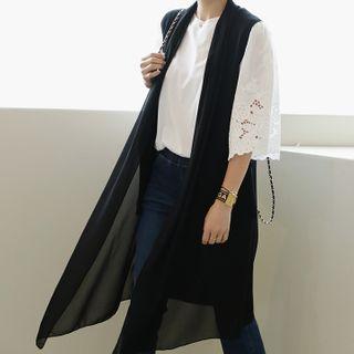 Open-front Chiffon-layered Long Vest Black - One Size