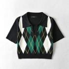 Short-sleeve Collared Argyle Knit Top
