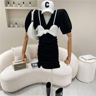 Puff-sleeve V-neck Plain Dress + Bow-accent Camisole Top