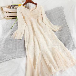 Long-sleeve Mesh Panel Midi A-line Dress Almond - One Size