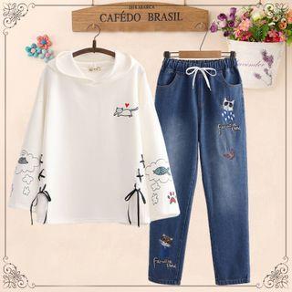Cat Print Lace-up Hoodie / Embroidered Straight-cut Jeans / Set