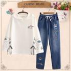 Cat Print Lace-up Hoodie / Embroidered Straight-cut Jeans / Set