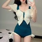 Puff-sleeve Two-tone Ribbon Swimsuit