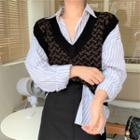 Long-sleeve Striped Shirt / Patterned Knit Vest / Fitted Mini Skirt