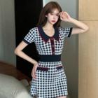 Short-sleeve Contrast Color Plaid Knit Dress As Shown In Figure - One Size