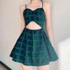 Spaghetti Strap Cut-out Check Pattern Dress