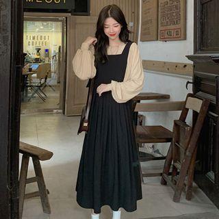 Balloon-sleeve Blouse / Midi A-line Pinafore Dress
