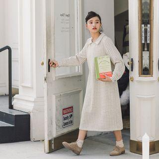 Long-sleeve Collared Midi Plaid Dress