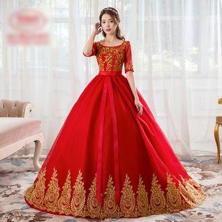 Embroidered Elbow-sleeve Wedding Dress