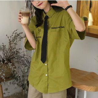Elbow-sleeve Letter Shirt Mustard Yellow - One Size