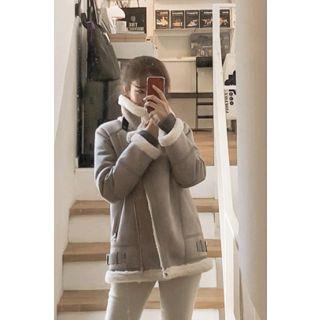 Faux-shearling Biker Jacket Gray - One Size