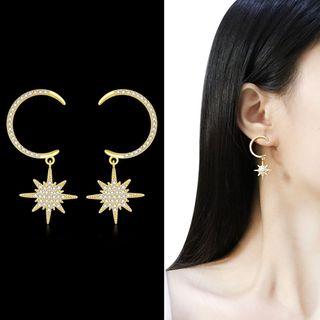 Rhinestone Moon & Star Dangle Earring 1 Pair - Drop Earring - One Size