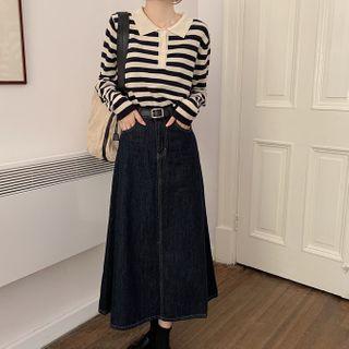 Striped Long-sleeve Polo Shirt / Midi A-line Denim Skirt