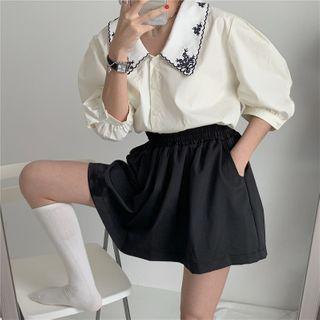 Set: Embroidered Collared Short-sleeve Shirt + Shorts