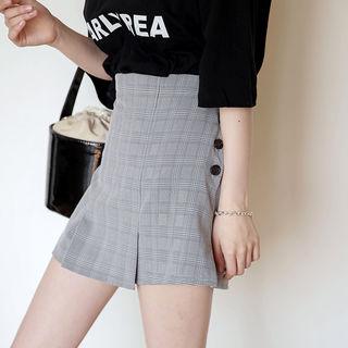 Button-side Check A-line Mini Skirt