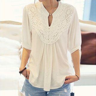 Lace Panel Elbow-sleeve Chiffon Blouse