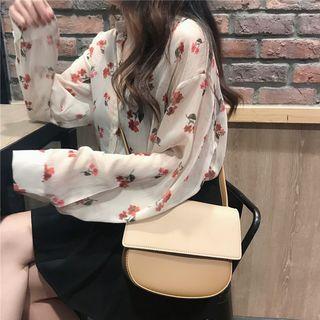 Long-sleeve Floral Blouse / Mini Pleated Skirt