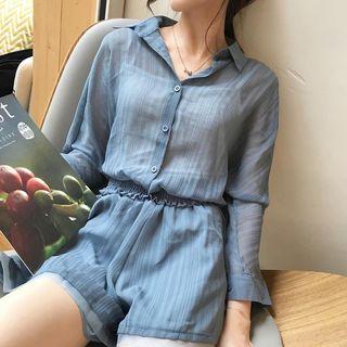 Set: Sheer Shirt + Camisole + Wide Leg Shorts