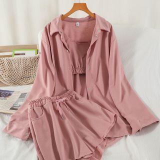 Set: Plain Shirt + Cropped Camisole Top + Drawstring Shorts
