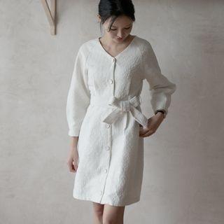 Balloon-sleeve Buttoned Tweed Dress With Sash White - One Size