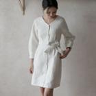 Balloon-sleeve Buttoned Tweed Dress With Sash White - One Size