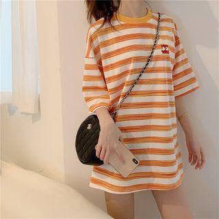 Loose-fit Embroidered Striped Long T-shirt