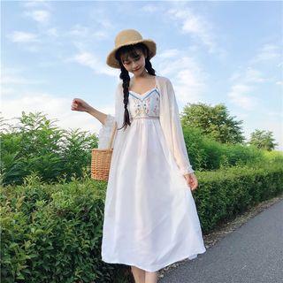 Flower Embroidered Spaghetti Strap A-line Dress / Open Front Light Jacket