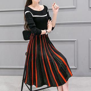 Set: Contrast Trim Sweater + Striped Midi Skirt
