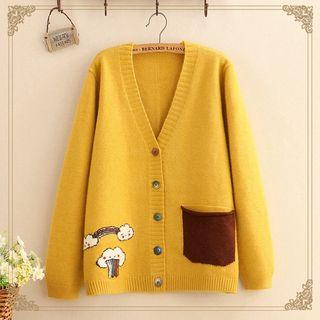 Color-block Pocket Cloud Print Knit Cardigan
