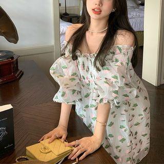 Puff-sleeve Off-shoulder Floral Mini A-line Dress Pink Floral - White & Green - One Size