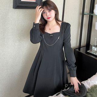 Puff-sleeve Square-neck Chained A-line Dress