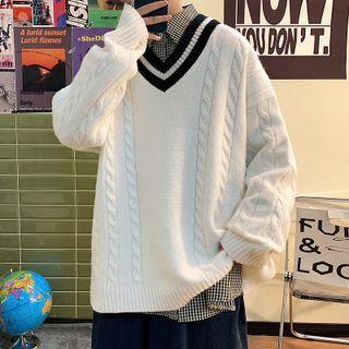 V-neck Striped Cable-knit Sweater