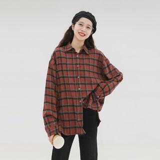 Polo-collar Plaid Long-sleeved Shirt
