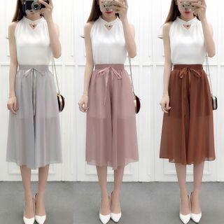 High-waist Tie-waist Chiffon Pants