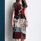 Short-sleeve Drawstring Silk Print Dress