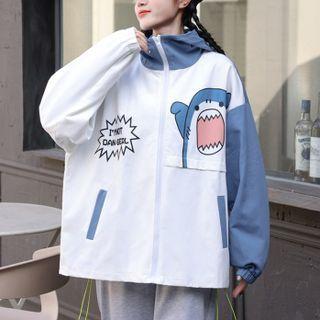 Cartoon Shark Print Two-tone Hooded Jacket