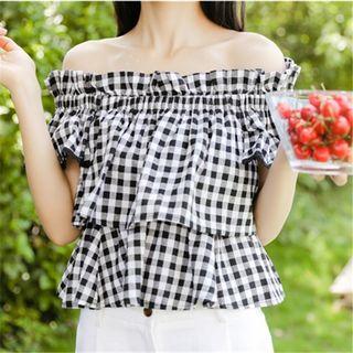 Off-shoulder Ruffle Checked Top