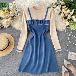 Mock Two-piece Ruffled Mini Knit Dress