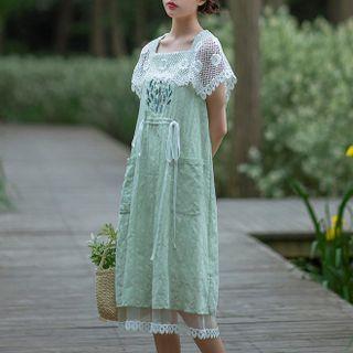 Mock Two-piece Cap-sleeve Midi Dress