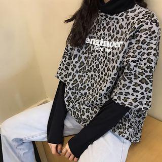 Long-sleeve Leopard Print Paneled T-shirt