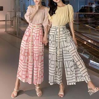 Set: Drawstring Off-shoulder Blouse + Patterned Cropped Wide-leg Pants