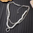 Faux Pearl Heart Layered Necklace Black & White & Silver - One Size