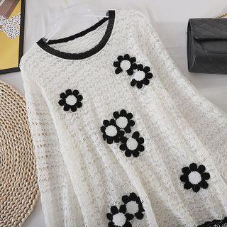 Flower Cutout Long-sleeve Knit Top White - One Size