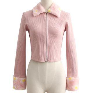 Fluffy Trim Collared Zip Crop Top