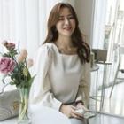Puff-sleeve Square-neck Satin Blouse