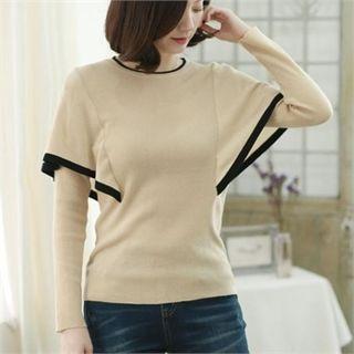 Layered-sleeve Contrast-trim Knit Top