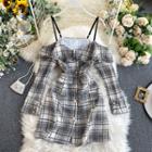 Cold-shoulder Long-sleeve Mini Plaid A-line Dress Black - One Size