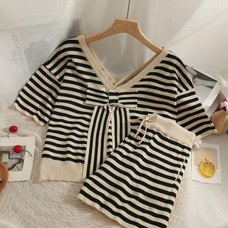 Set: Striped Ribbon V-neck Top + Drawcord Shorts Almond - One Size