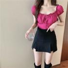 Short-sleeve Frill Trim Drawstring Top Rose Pink - One Size