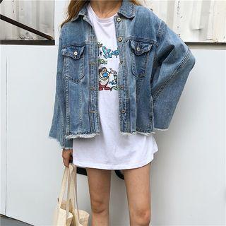 Fray-hem Buttoned Denim Jacket As Shown In Figure - One Size
